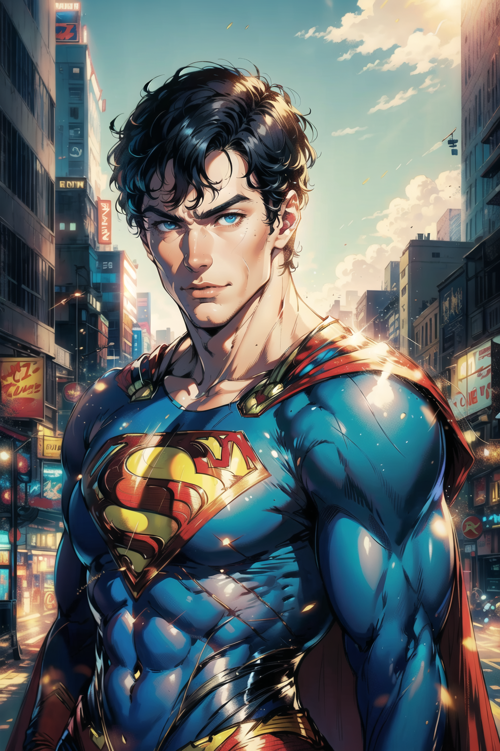 00159-1506113979-(Superman_1.3), solo focus, suit, muscular, (((Tanned skin))), Black Hair, Blue and Red Coat, Cityscape, Heroic, Superman Logo,{.png